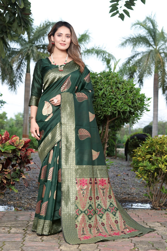 blazik b green new gold zari work silk saree