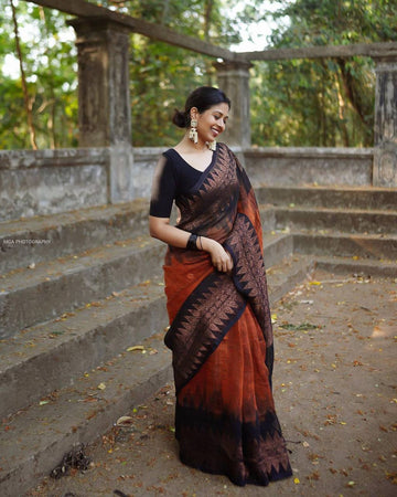 New Blazik Launch Orange N Black Lichi Silk Saree