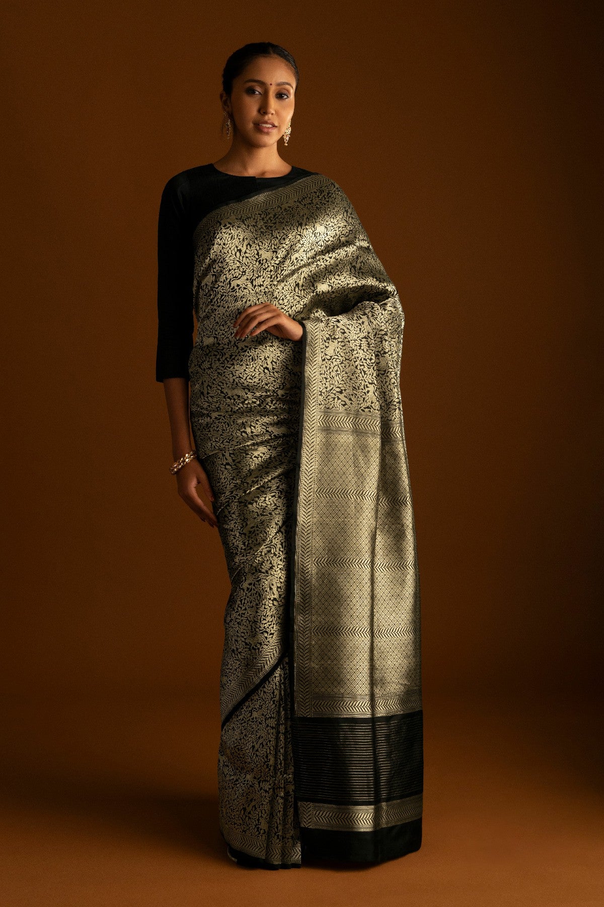 Black N Golden Work Blazik Launch Lichi Silk Saree