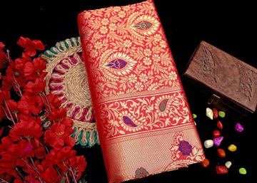 Red Flower Banarasi silk saree