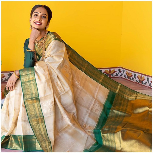 White N Green Blazik Silk Saree