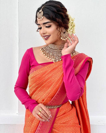 ORANGE AND PINK bananasi  silk saree