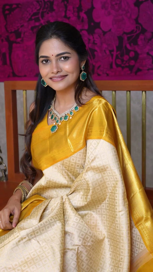 Yellow Cream Beautiful Silk Saree