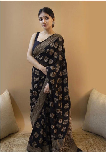 Black Saree Flower Design New Lichi Silk Saree