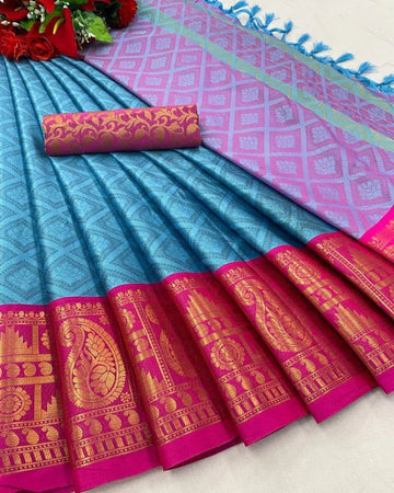 Trendy Desinge Temple Mango Blazik Cotton Silk Saree