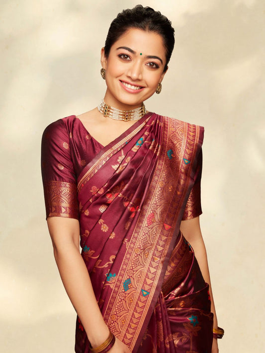 Rashmika Mandanna New Wine  Blazik Silk Saree