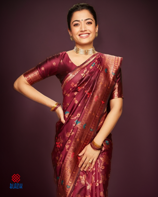 Rashmika Mandanna New Wine  Blazik Silk Saree