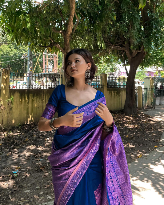 royal blue gold work silk saree