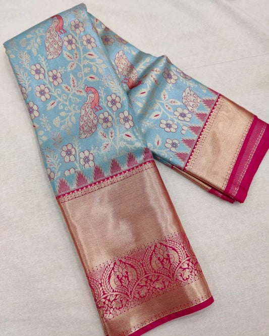 cool color combination new launch blazik gold zari work silk saree