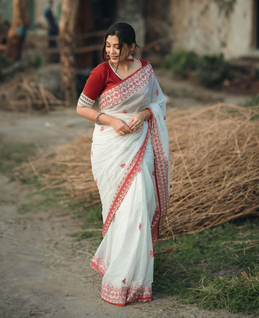 white n marron blazik cotton silk saree