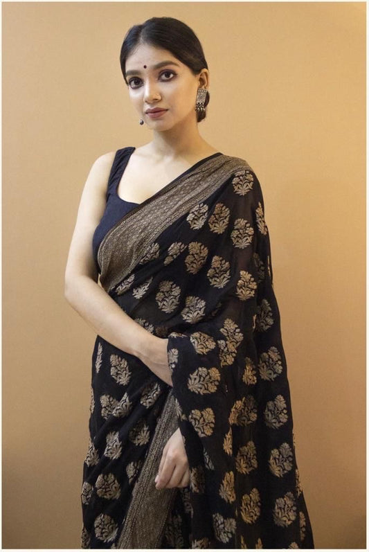 Black Saree Flower Design New Lichi Silk Saree