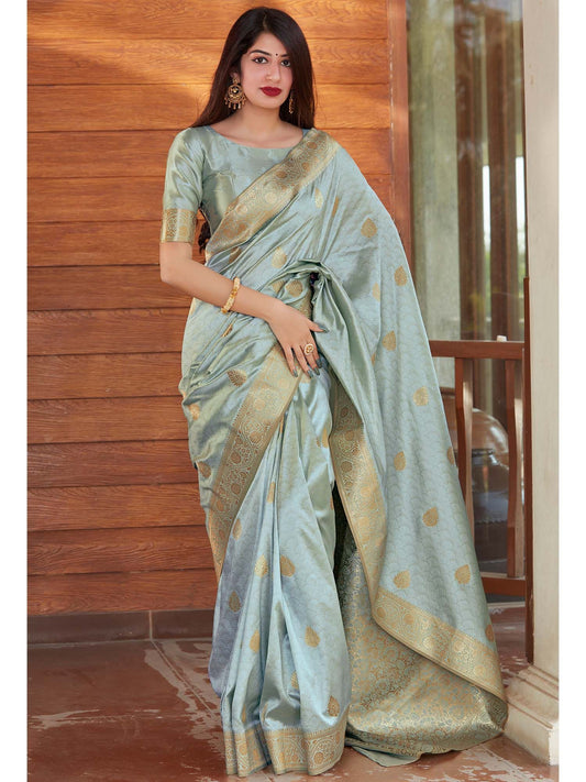 new grey gold zari banarasi silk saree