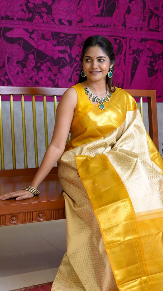 Yellow Cream Beautiful Silk Saree