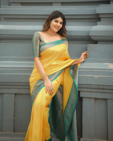 yellow firozi zari work blazik silk saree