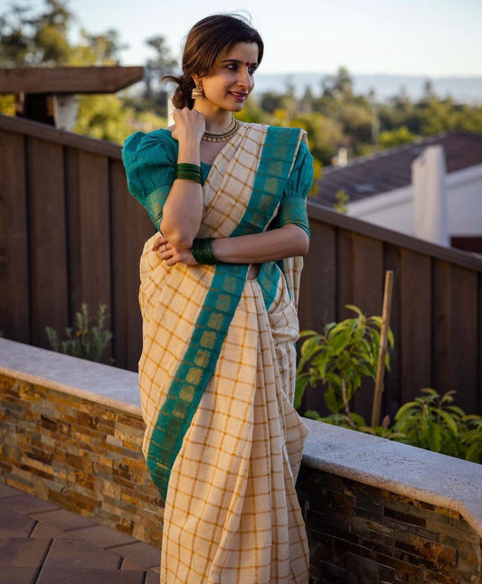 Cream N Firozi Blazik Silk Saree