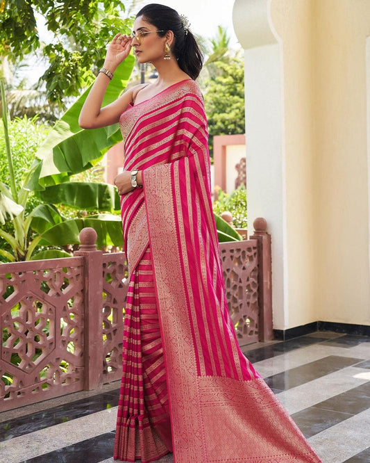 golden work pink silk saree