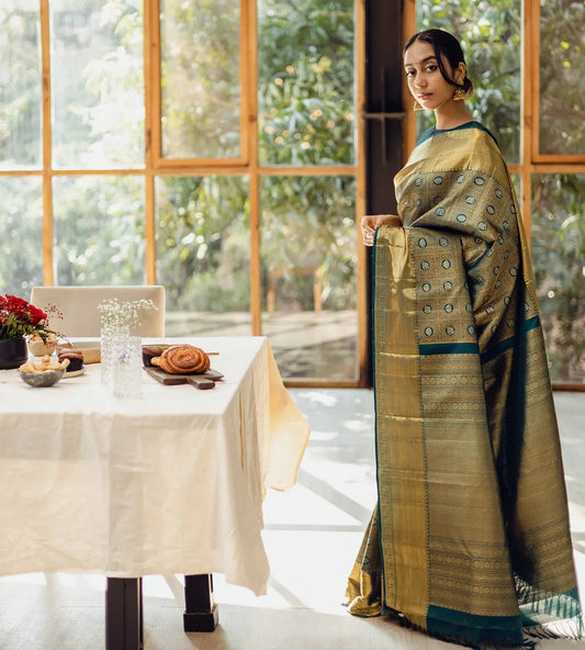 gold work new rama blazik silk saree