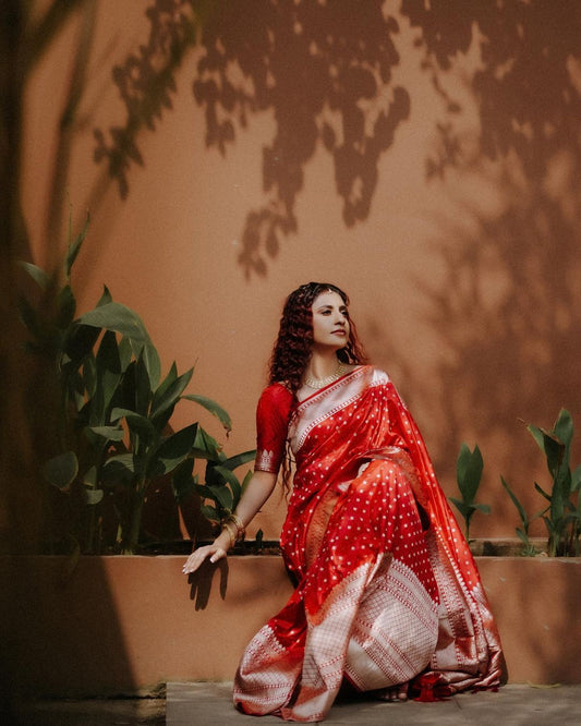 red silver work new silk saree