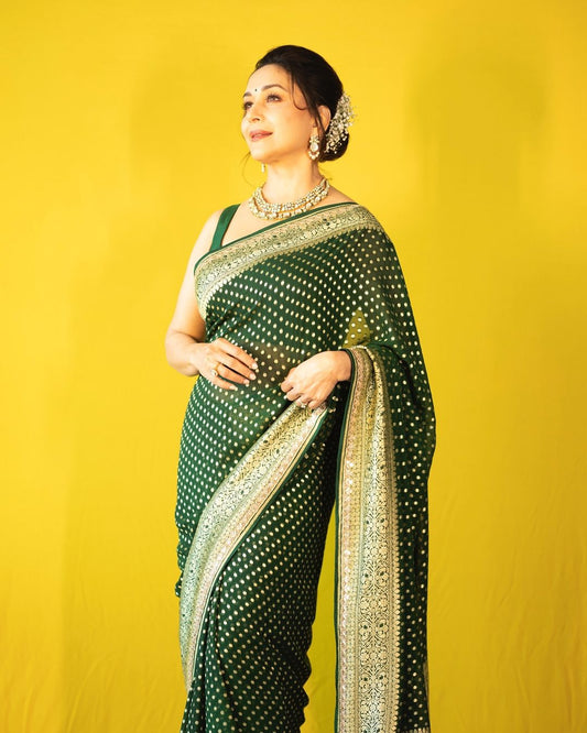 Green N Golden Madhuri Banarasi Silk Saree