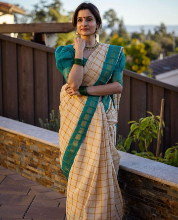 Cream N Firozi Blazik Silk Saree