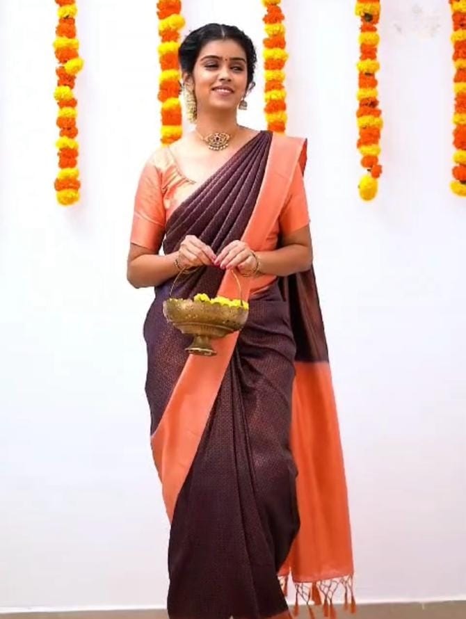 wine n orange copper work new launch blazik silk saree