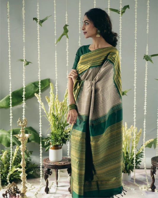 green chex new blazik silk saree