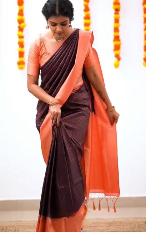 wine n orange copper work new launch blazik silk saree