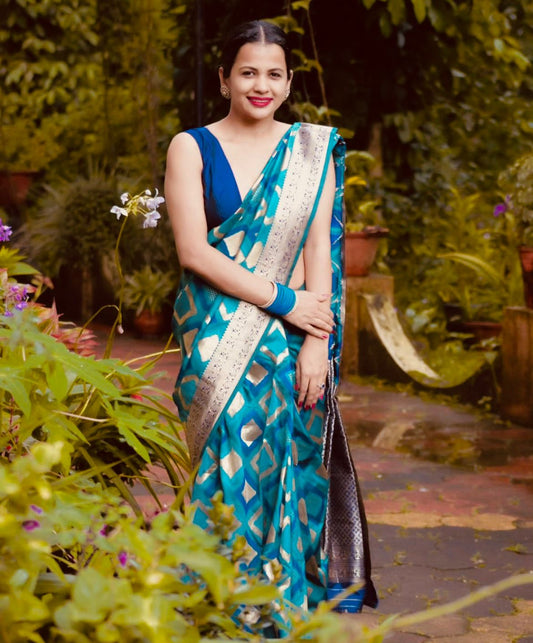 sky blue square design new blazik silk saree