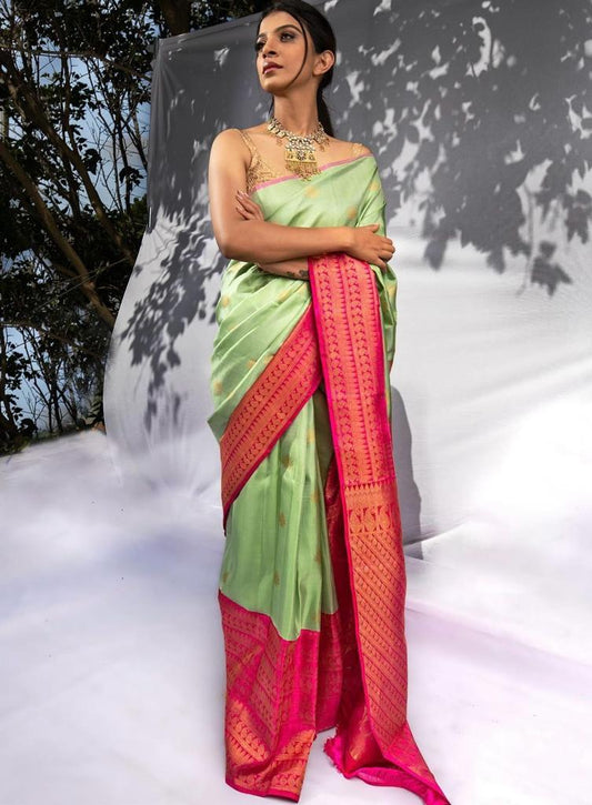 Pink N Pista Blazik Banarasi Silk Saree