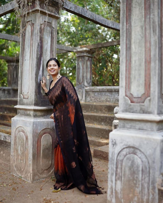 New Blazik Launch Orange N Black Lichi Silk Saree