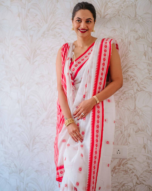 White N Red New Cotton Saree