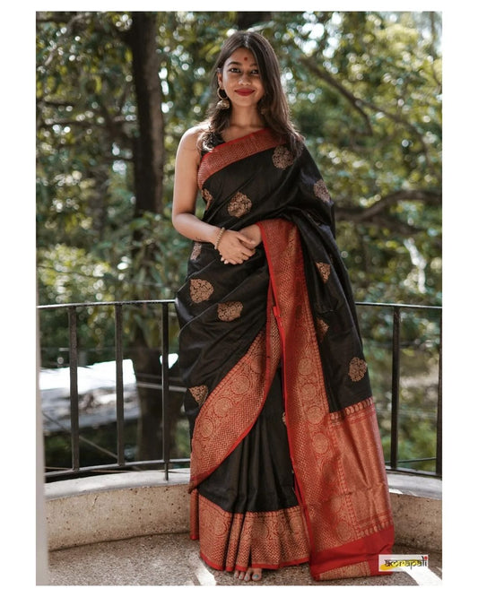 new blazik black saree red border banarasi silk saree