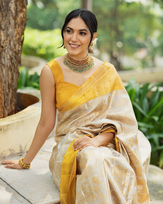 Cream N Yellow New Blazik Silk Saree