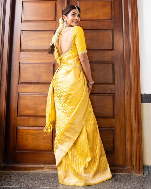 light yellow silver work new blazik silk saree