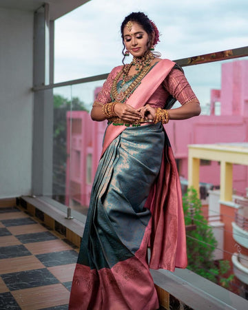 pink n firozi banarasi silk saree