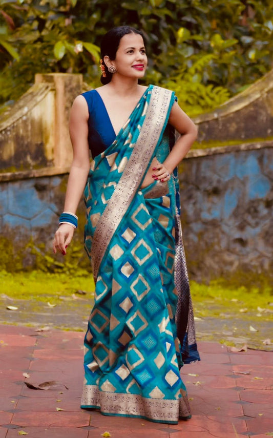 sky blue square design new blazik silk saree