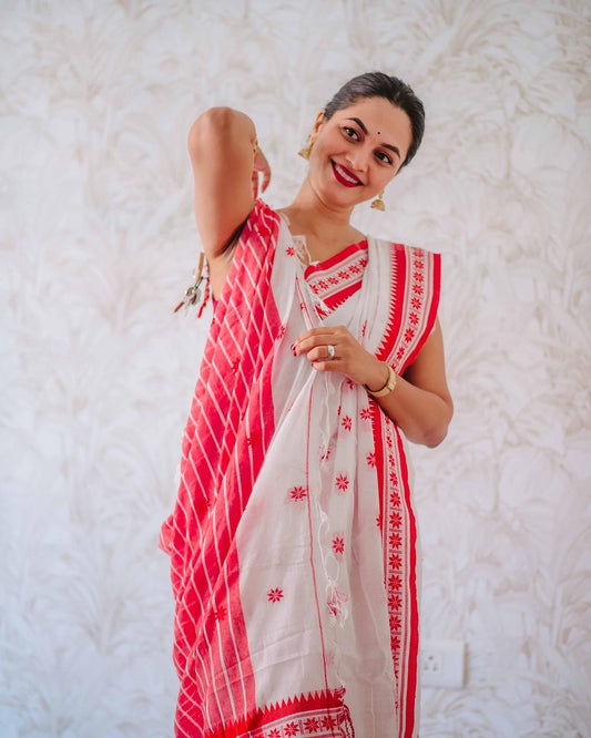 White N Red New Cotton Saree