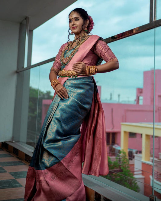 pink n firozi banarasi silk saree