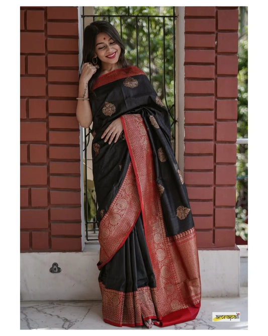 new blazik black saree red border banarasi silk saree