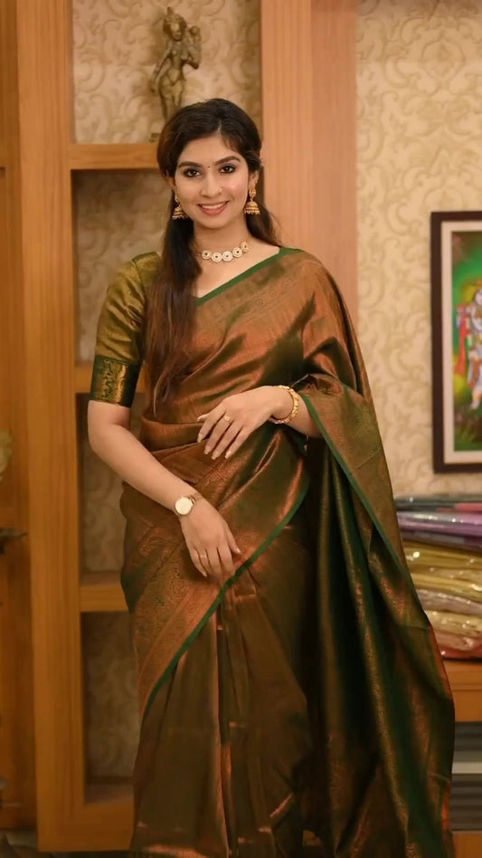 new copper work in b green lauch silk saree