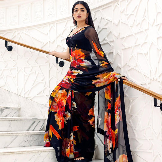 Rashmika Mandanna Looks New Flower Black Printed Saree