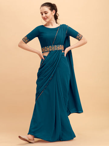 Solid Georgette Saree With Belt Border Rama Colour Belt Ram